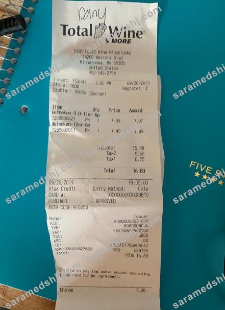 USA Total wine & more store payment receipt